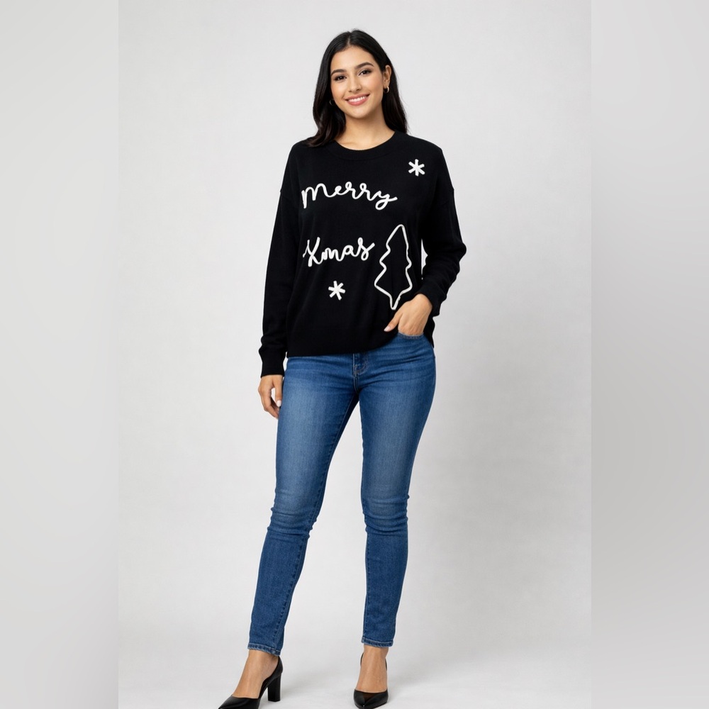ASOS Merry Xmas Sweater Women Size 8 Black Holiday Christmas Pullover